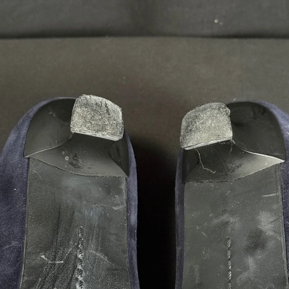 Vintage 90s Stuart Weitzman Navy Suede Square Toe Kitten Heel Loafer Pumps 8.5